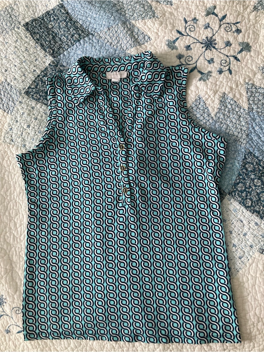 Charter Club Sleeveless Collared Shirt in Aqua and Black Geometric Print